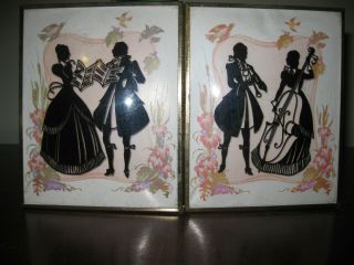 Pair Vintage Reverse Painted Silhouette Pictures Man Woman Musical Bubble Glass 2