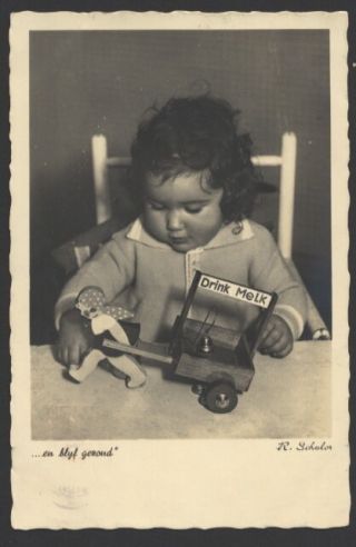Mb4113 Little Girl Playing With Her Vintage Milk - Cart Toy Rppc