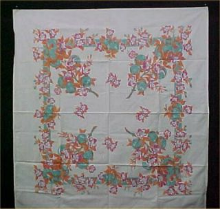 Vintage Tablecloth Printed Cotton Flowers Cherries Aqua 1940s Era 40x42 " Estate