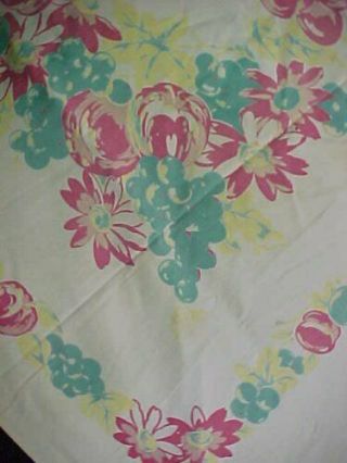 Vintage Tablecloth Printed Cotton Flowers Pink Aqua 40s Era 46x52 " Cutter Estate