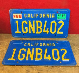 Vintage California Blue Yellow License Plate Matching Set Pair Plates 1984 Tab
