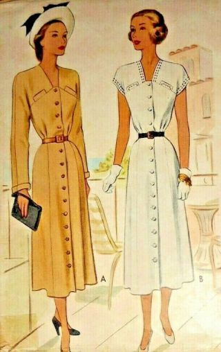 Vintage 1940s Misses Front Button Dress Mccall Pattern Yoke Size 16 ` 7293