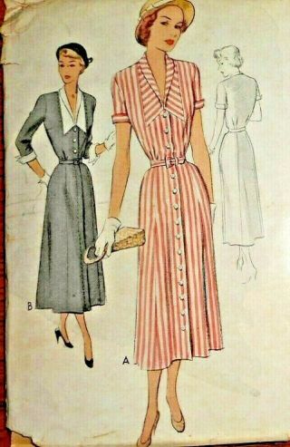 Vintage 1940s Misses Front Button Dress Mccall Pattern Size 18 7654 Odd Yoke