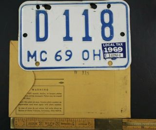 Vintage 1969 OHIO Motorcycle License Plate D - 118 w 1969 Sticker 2