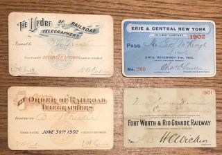 4 Circa 1900 (2) Rail Road Passes Texas And York / (2) Telegraphers Id Cards