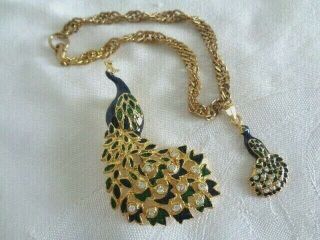 Vintage Peacock Themed Pin Brooch / Bracelet Set Rhinestones Enamel Gold Tone