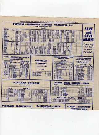 Pacific Greyhound Bus Schedule - San Francisco - Portland 1952