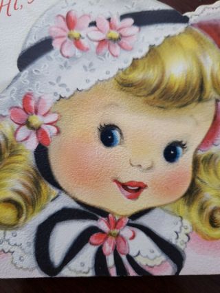 Vtg Hallmark Valentine Greeting Card Diecut Cute Girl Blonde Curls Bonnet 50s