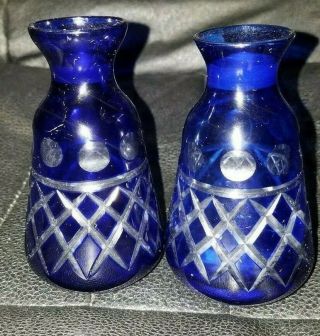 Vintage Set Of 2 Cut Glass Colbart Blue Vases