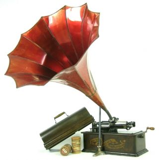 Great 1903 Banner Edison Home Cylinder Phonograph Record Player,  Flower Horn