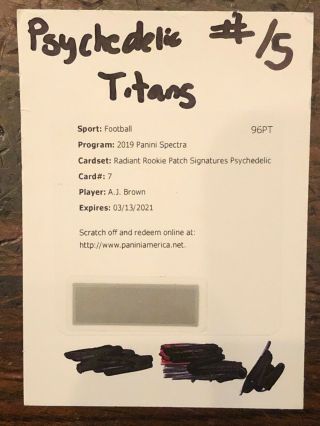 A.  J.  Aj Brown 2019 Spectra Radiant Rookie Patch Auto Psychedelic /5 - Titans