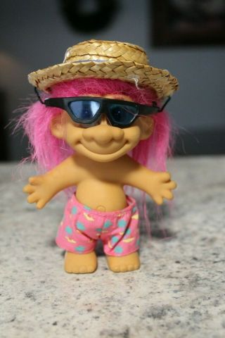 Vintage Troll Doll Russ 5  Pink Hair & Shorts Straw Hat Sunglasses Brown Eyes