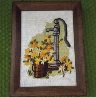 Vtg Hand Embroidered Crewel: Water Pump - Flowers - Bucket In 8 " X6 " Wood Frame
