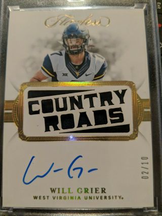 2019 Flawless Will Grier Team Slogan Rookie Patch Auto 2/10 Country Roads Wvu