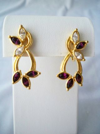 Vintage Avon Purple & Crystal Rhinestone Openwork Gold Tone Clip On Earrings