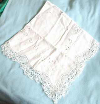 Vintage Antique White Cotton Lace Edge Embroidered Square Table Cloth 94x94cms