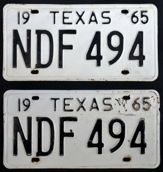 Vtg 1965 65 Ndf 494 Texas Car Auto License Plate Pair Matched Set Unrestored