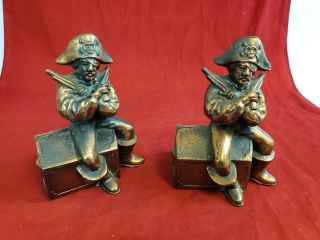 Vintage Piggy Coin Bank Pirate Holding Guns On Treasure Chest Metal Copper A33