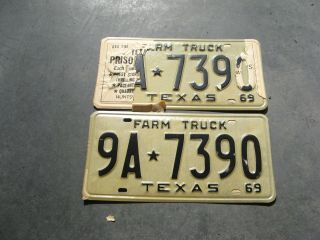 1969 69 Texas Tx License Plate Pair Farm Truck Trk Nos Yom 9a 7390