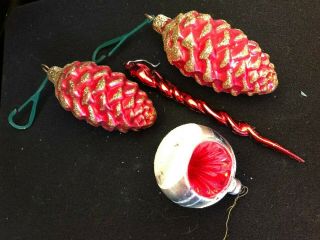 Set Of 4 Vintage Christmas Ornaments Hand Blown Pinecones,  Snowball,  & Icicles