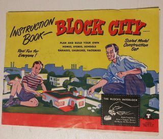 Vintage 1950s Block City Instruction Book And Rare Green Cardboard Wall