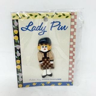 Signed Susan Paley Ganz Vintage Lady Brooch Pin Ceramic Jewelry Brown Plaid