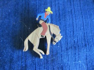 Vintage Carved Wooden Figural Cowboy On Bucking Bronco Pin/brooch
