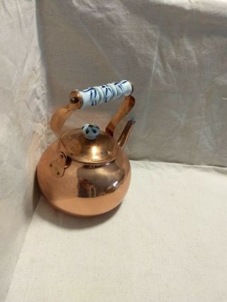 Vintage Copper Tea Pot With Delft Like Blue And White Ceramic Handle Grip/knob