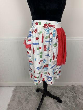 Vintage Ladies’ White,  Red,  Blue & Green Kitchen Item Print Half Apron & Towel