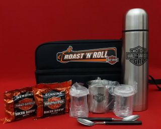 Harley Davison Roast N Roll Biker Coffee Travel Set Thermos Mug Kit