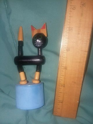 Vintage Mcm Black Cat Wooden Push Button Puppet
