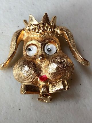 Vintage Googling Eye Dog Brooch Pin Where A Crown