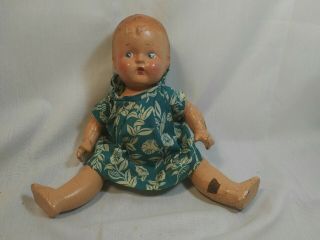 Vintage Composition Baby Doll Jointed 11.  5” Blue Eyes Molded Curly Hair