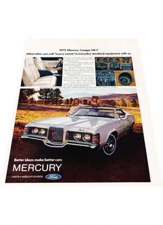 1972 Mercury Cougar Xr - 7 Xr7 Coupe - Vintage Advertisement Car Print Ad J419