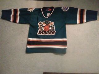 Cool Sp Manitoba Moose Sewn Patches Ahl Hockey Jersey Boys L/xl Vg