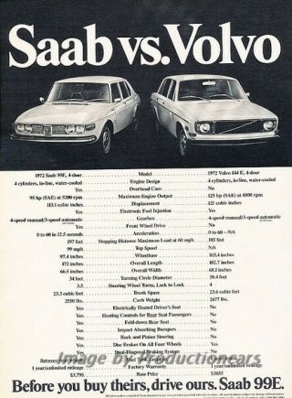1972 Saab 99e And Volvo 144 Advertisement Print Art Car Ad J822