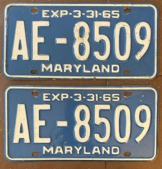 Maryland 1965 License Plate Pair - Quality Ae - 850