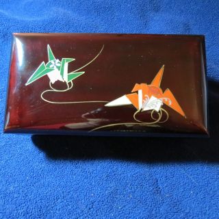 Vintage Red Lacquer Music Jewelry Box,  With Painted Origami Birds - It Plays
