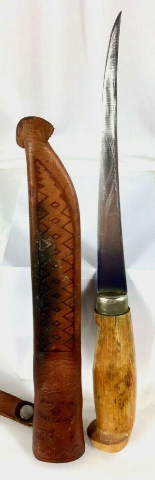 Vintage J.  Marttiini Finland 6 " Blade Fish Fillet Knife W/ Leather Sheath