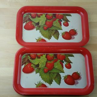 2 Vintage Red Strawberry Print Metal Serving Trays - 8 X 14 " - Lap Tray Picnic
