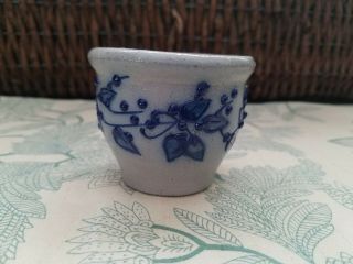Vintage Miniature Salt Glaze Pottery Crock Blue Berry Design 2 1/2 " Tall