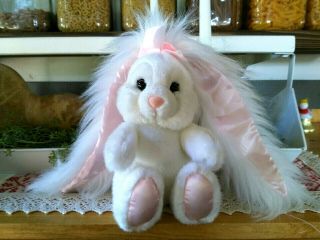 Vintage Applause Plush White Rabbit Bunny Long Ears Pink Satin Hare Brush