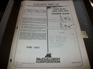 Mcculloch Pro Mac 355,  365,  375 Chainsaw,  Illustrated Parts List,  Vintage Chainsaw