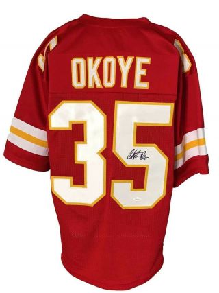 Christian Okoye Autographed Pro Style Red Jersey Jsa Authenticated