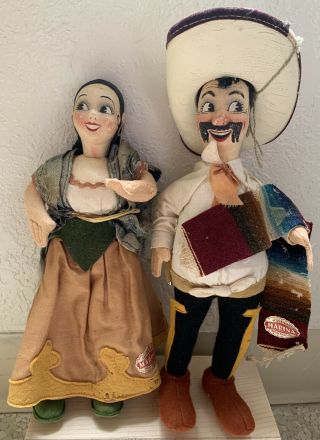 Vintage Cloth Felt Cute Couple 13 ".  The Dolls Made By Marine In Mexico