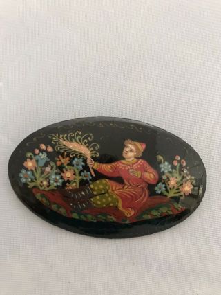 Vintage Russian Painted Pin Brooch Black Lacquer Folk Art.