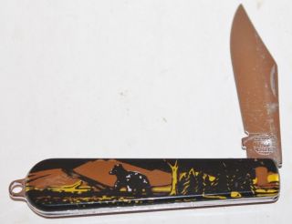 Vtg United Korea Folding Pocket Knife - With Bear In Forest Scene R - Euc