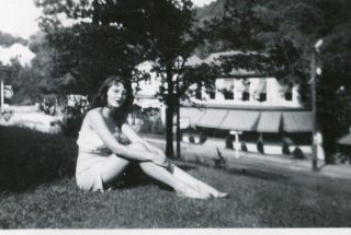 Young Woman In Shorts Bare Feet Sits On Grass Vtg B/w Photo Snapshot