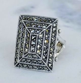 Vintage Sterling Silver 925 Marcasite Geometric Domed Ring S 5.  5