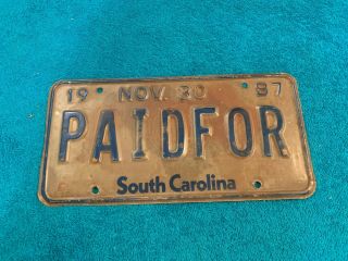 South Carolina Sc License Plate Tag Palmetto Tree Vanity Paidfor Paid For 1987